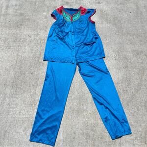 Vintage Vanity Fair Sleep PJ Set Pant Sleeveless Top 70s 80s Blue Red Green